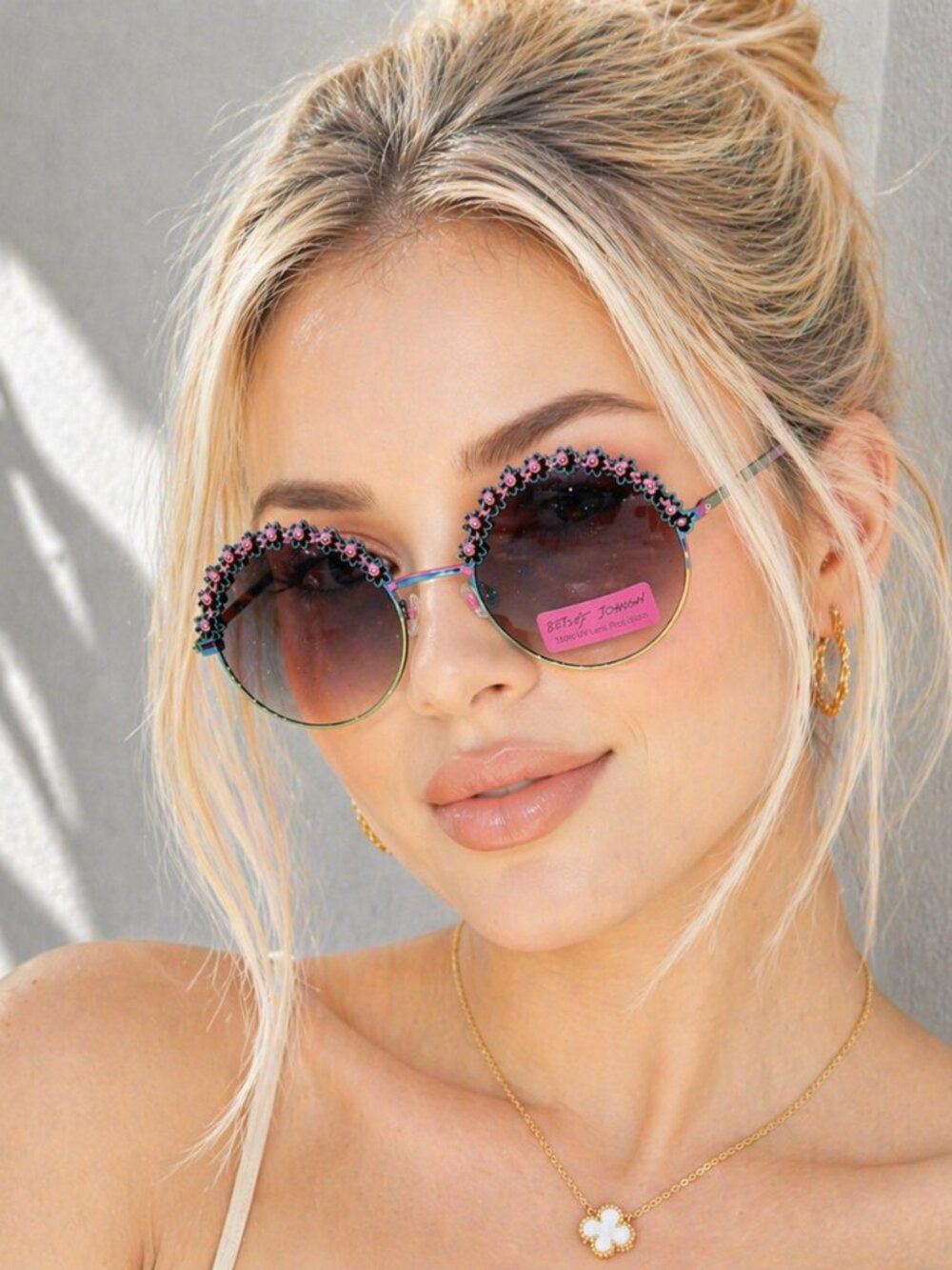 Betsey Johnson Crystal Embellished Round Sunglasses – Iridescent Rainbow Frame